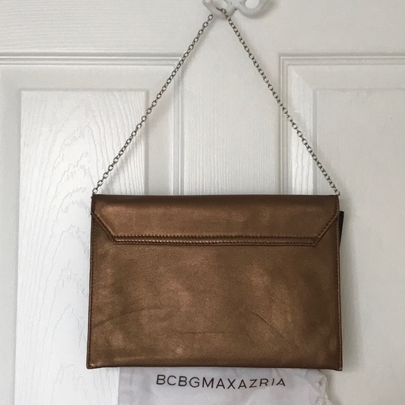 BCBGMAXAZRIA Bronze Envelope Leather Clutch Bronze Metallic Look Chain Hardware - Picture 3 of 6